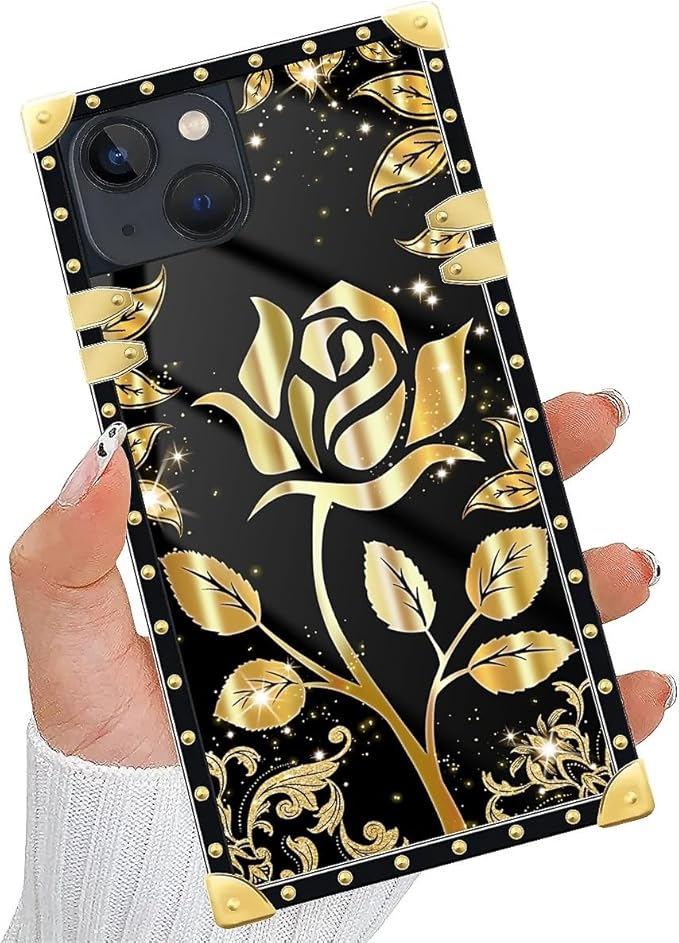 Compatible with iPhone 14 Case, Shine Gold Rose Luxury Golden Decoration for Girl Women Soft TPU Shockproof Protective Hard PC Back for iPhone 14