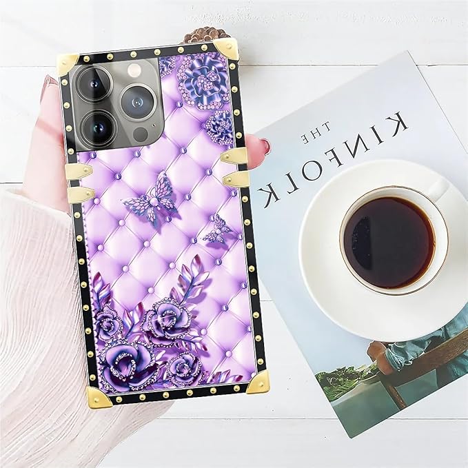 Compatible with iPhone 14 Pro Case, Purple Butterfly Flowers Leaf Luxury Golden Decoration for Girl Women Soft TPU Shockproof Protective Hard PC Back for iPhone 14 Pro