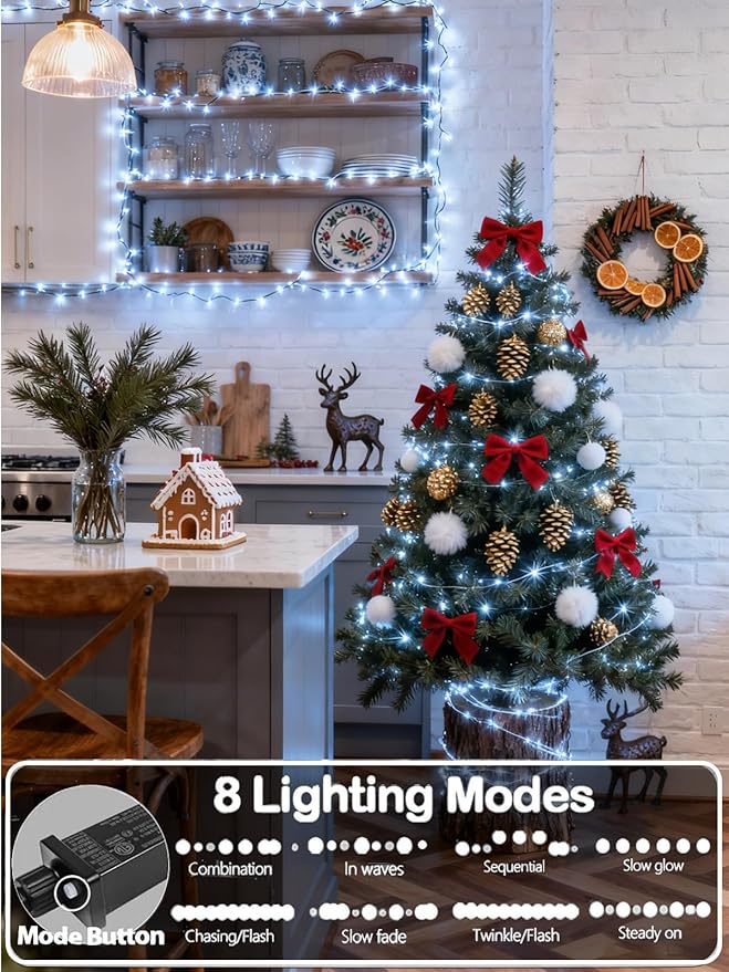 YIQU White 82FT 200 LED Christmas String Lights Outdoor/Indoor (Extendable Green Wire, Ultra-Bright with 8 Modes, UL Certified), Fairy String Lights for Xmas Tree Holiday Party Decoration, Cool White