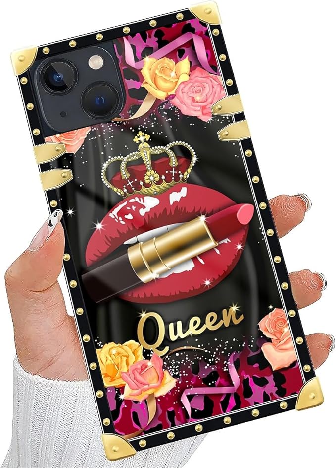 Compatible with iPhone 14 Case, Queen Lip Crown Leopard Print Luxury Golden Decoration for Girl Women Soft TPU Shockproof Protective Hard PC Back for iPhone 14