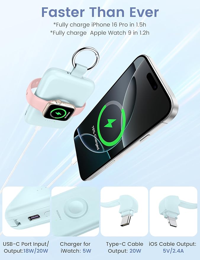 RORRY Portable Charger, 10000mAh PD 20W Fast Charging Portable Charger Power Bank with Built in Cables, Travel Battery Pack for iPhone and Apple Watch Ultra/11/10/9/8/7/6/5, Purple