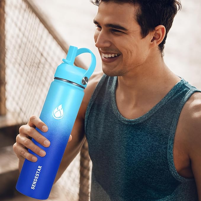 SENDESTAR Stainless Steel Wide Mouth Water Bottle 24oz Double Wall Vacuum Insulated Leak Proof Bottle with New Flex Straw Lid & Spout Lid XIN-MC-0750-1