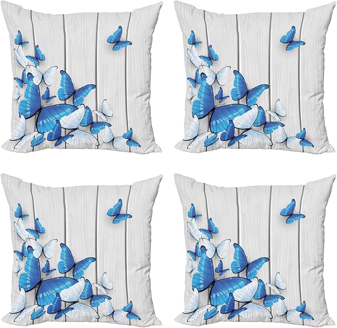 Ambesonne Butterflies Throw Pillow Cushion Case Pack of 4, Blue and White Butterflies on Wooden Background Timber Wall Rustic Life, Modern Accent Double-Sided Digital Printing, 16", Grey White