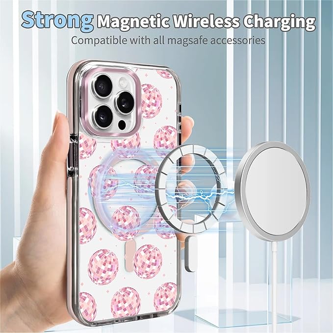 Case for iPhone 14 Pro,[Compatible with MagSafe],Disco Balls Pink Phone Case Design，for Women Girls Magnetic Clear Cover - Slim, Sleek, & Shockproof Protection