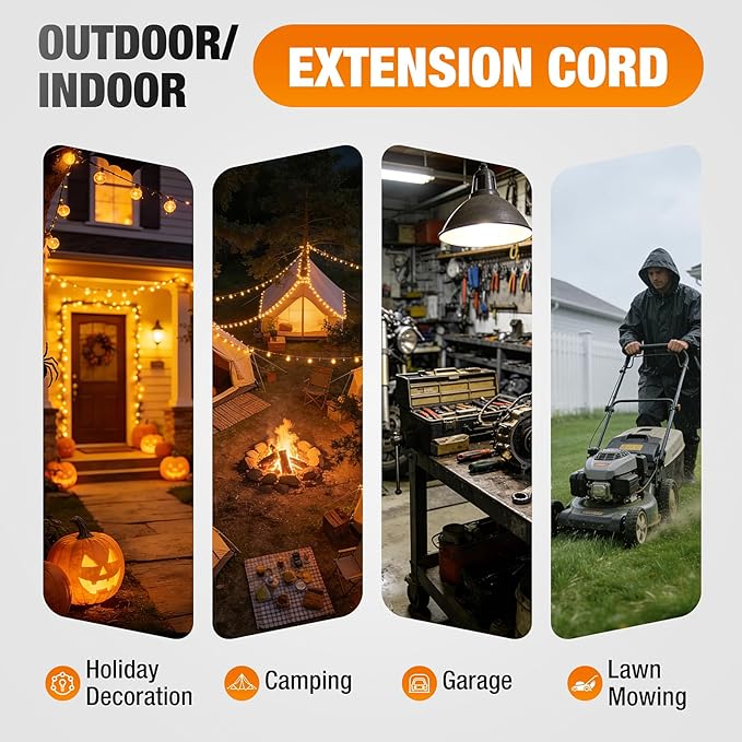 10 FT Outdoor Extension Cord Waterproof, 16/3 Gauge Heavy Duty 3 Prong Power Cord with Lighted Indicator End, 13A 125V 1625W SJTW, ETL Listed, Great for Lawn/Garden/Home(Orange)