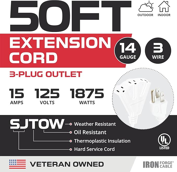 Iron Forge Cable 50ft White Outdoor Extension Cord with 3 Outlets - 14/3 SJTOW Oil Resistant 15 Amp 50ft Extension Cord 3 Prong - Multiple Outlets