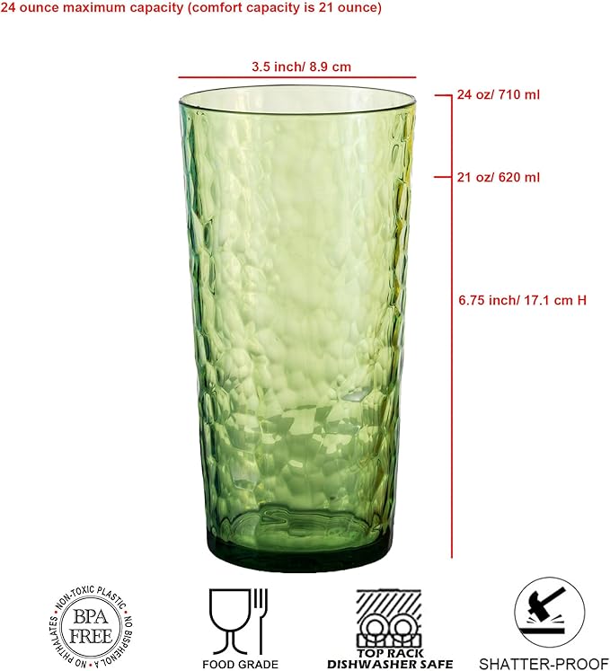 24-ounce Plastic Tumblers, Acrylic Drinking Glasses High-Balls, Reusable Plastic Cups, set of 8 Green, Hammered Style Stackable, BPA-Free, Shatter-Proof, Dishwasher-Safe