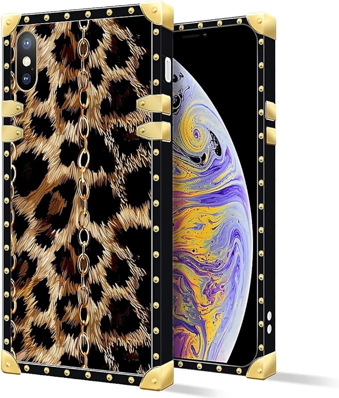 Compatible with iPhone XR Case, Seamless Gold Chain Leopard Luxury Golden Decoration for Girl Women Soft TPU Shockproof Protective Hard PC Back for iPhone XR