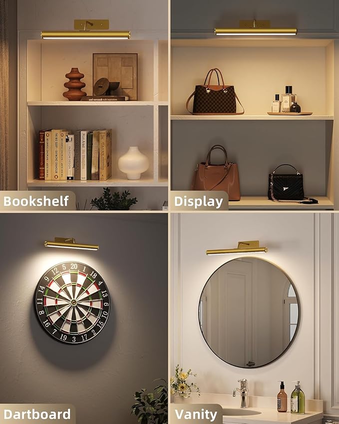 EZVALO 16" Picture Lights for Wall, Rechargeable 6000mAh Painting Lights with Remote, Wireless Dimmable 3 Color Temperatures Art Lights for Gallery, Living Room, Hallway (Gold, 3 Pack)