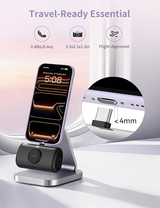 RORRY PalmGo Portable Charger, 10000mAh PD 22.5W Fast Charging Mini Power Bank with Built-in USB C Connector, 3-in-1 Battery Pack for iPhone 17/16/15 Pro/Max, Apple Watch Ultra/11/10/SE, iPad, Black