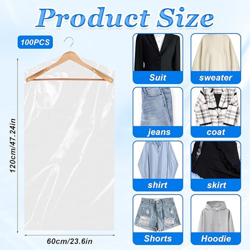 100 Pack Clear Plastic Dry Cleaning Bags 23.6x47.2 Inch Garment Bags Dust-Proof Hanging Clothes Cover Protector Bag for Dress Jacket Suits Coats Uniforms Shirt Laundrette