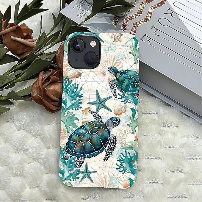 for iPhone 15 Plus Case,HH2 Ocean Sea Turtle Nautical Map Hybrid 2 Layer Hard Shell Silicone Protective Pattern Design Case
