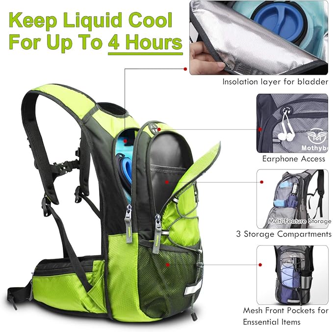 Mothybot Insulated Hydration Backpack Pack with 3L BPA Free Leak Proof Water Bladder, Large Storage Lightweight Hiking Daypack with Waist Pouches & Cooler Layer, for Running, Biking, Camping, Festival