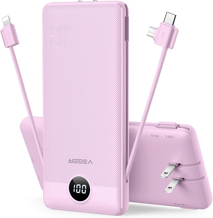 VEGER Portable Charger with Built-in AC Plug and Cables, All in One 10000mAh Ultra Slim Power Bank Travel Essentials, Fast Charging Battery Pack Compatible with iPhone, Samsung, Android (Purple)