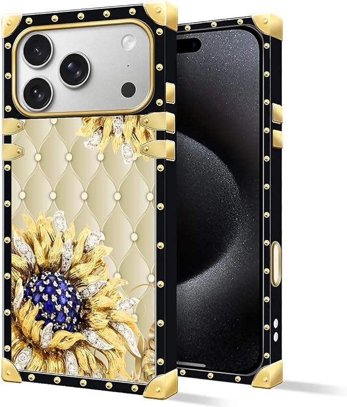 for iPhone 17 Pro Max Case Luxury Golden Decoration for Girl Women Soft TPU Shockproof Protective Hard PC Back for iPhone 17 Pro Max Crazy Pattern Sunflower Diamonds Leather