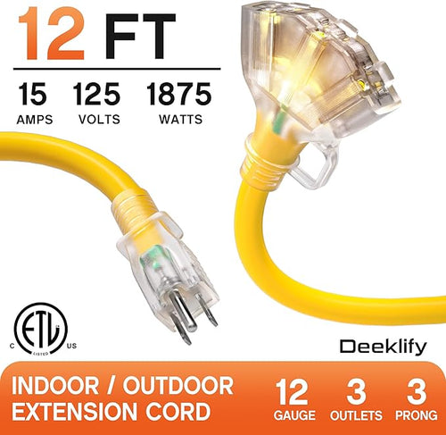 12 ft 12 Gauge Heavy Duty 3 Outlet Extension Cord Splitter with Indicator, Waterproof Outdoor Extension Cord with Multiple Outlets, 15A 1875W for Garden, ETL Listed, Flexible Yellow SJTW
