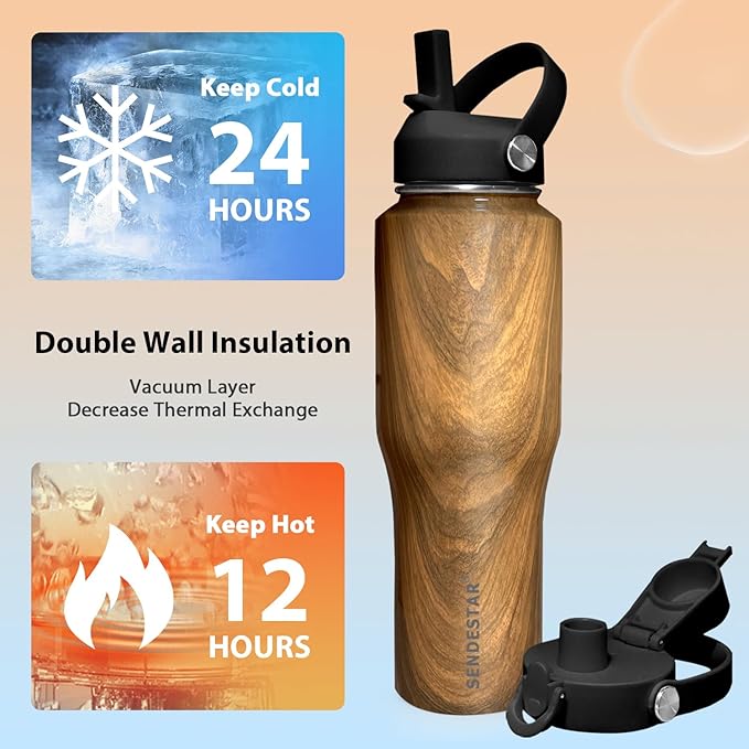 SENDESTAR 32oz Water Bottle Wide Mouth Stainless Steel Vacuum Insulated Double Wall with Straw Lids Fit in Any Car Cup Holder