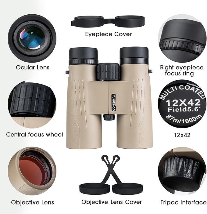 12x42 HD Binoculars for Adults High Powered Binoculars with Upgraded Phone Adapter Waterproof Compact Binocular with Low Light Night Vision for Bird Watching Hunting Outdoor Sports Concerts Mud