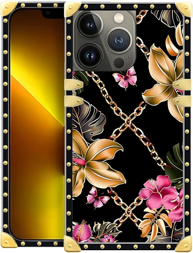 Compatible with iPhone 13 Pro Max Case, Pink Golden Chain Tropical Flower Luxury Golden Decoration for Girl Women Soft TPU Shockproof Protective Hard PC Back for iPhone 13 Pro Max