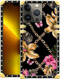 Compatible with iPhone 13 Pro Max Case, Pink Golden Chain Tropical Flower Luxury Golden Decoration for Girl Women Soft TPU Shockproof Protective Hard PC Back for iPhone 13 Pro Max