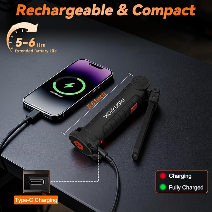 Magnetic Work Light 12Pack, Rechargeable LED Work Light with 360° Rotation, 5 Mode Mechanic Light, Compact Rechargeable Flashlight with Hook for Car Repairing, Emergency, Fathers Day Dad Gifts