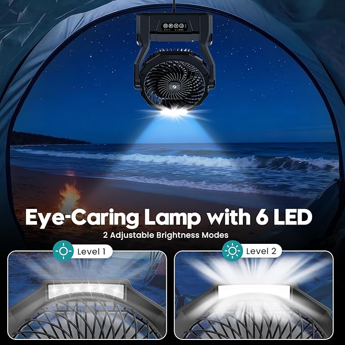 XZK Camping Fan, 20000mAh Rechargeable Battery Powered Fan with LED Lantern, Cordless Portable Tent Fan with Hanging Hook, 4 Speeds 2 Brightness Levels for Home Desk Outdoor - Dark Black