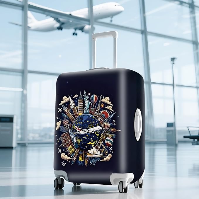 ANNA QUEEN Travel Globe Airplane Luggage Cover -Stretchable Airplane Suitcase Protector Sleeve,Universal Washable Fit for 28-30 Inch Checked Baggage,Water Resistant Durable Luggage Protector