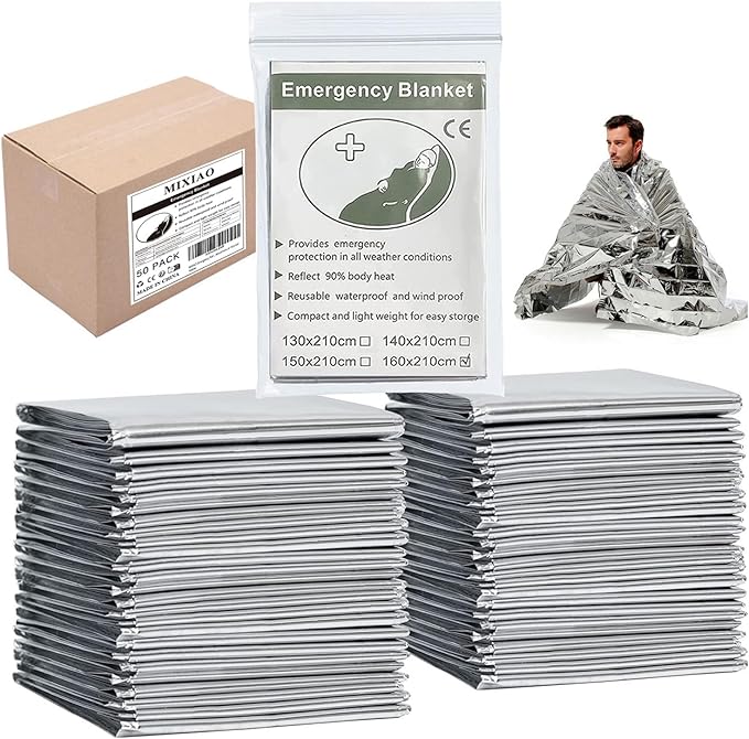 Polyethylene Mylar Silver Emergency Foil Thermal Blanket (Pack of 50), 210 x 160 cm (82" x 63") Reflective Blankets Perfect for Outdoors, Hiking, Marathons or First Aid