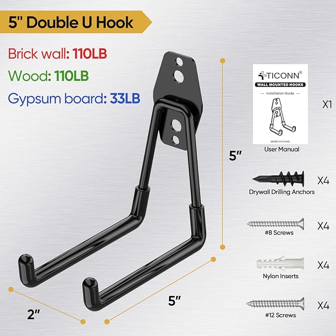 TICONN 2 Pack Heavy Duty Garage Hooks, Steel Utility Wall Storage Hooks, Wall Mount Hanger Organizer for Ladders, Bikes, Tools, Bulky Items (Medium, Orange Square)