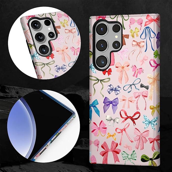 for Samsung Galaxy S24 Ultra Case,HL2 Aesthetic Color Bow Tie Hybrid 2 Layer Hard Shell Silicone Protective Pattern Design Case