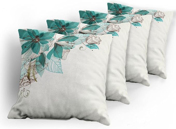 Ambesonne Turquoise Throw Pillow Cushion Case Pack of 4, Flowers Buds Leaf at The top Left Corner Season Celebrating Theme, Modern Accent Double-Sided Digital Printing, 18", Teal Brown