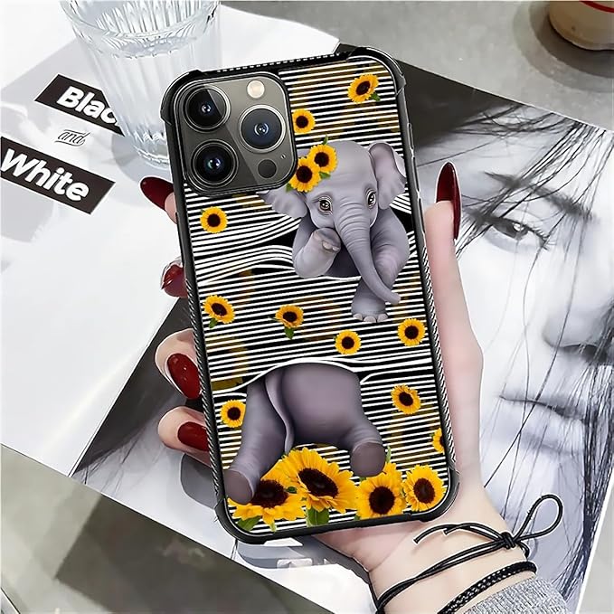 for iPhone 16 Pro Case, Cute Little Elephant Sunflower White Line Art Pattern Graphic Design Girl Boy Soft Silicone Hard Acrylic Shock Protection for iPhone 16 Pro