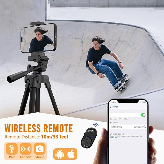 Luswemi 53'' Phone & Camera Mount Tripod Stand with Remote and Holder, Portable Cellphone Tripod Compatible with iPhone 16 Pro Max/15 Pro/Samsung/DJI/GoPro