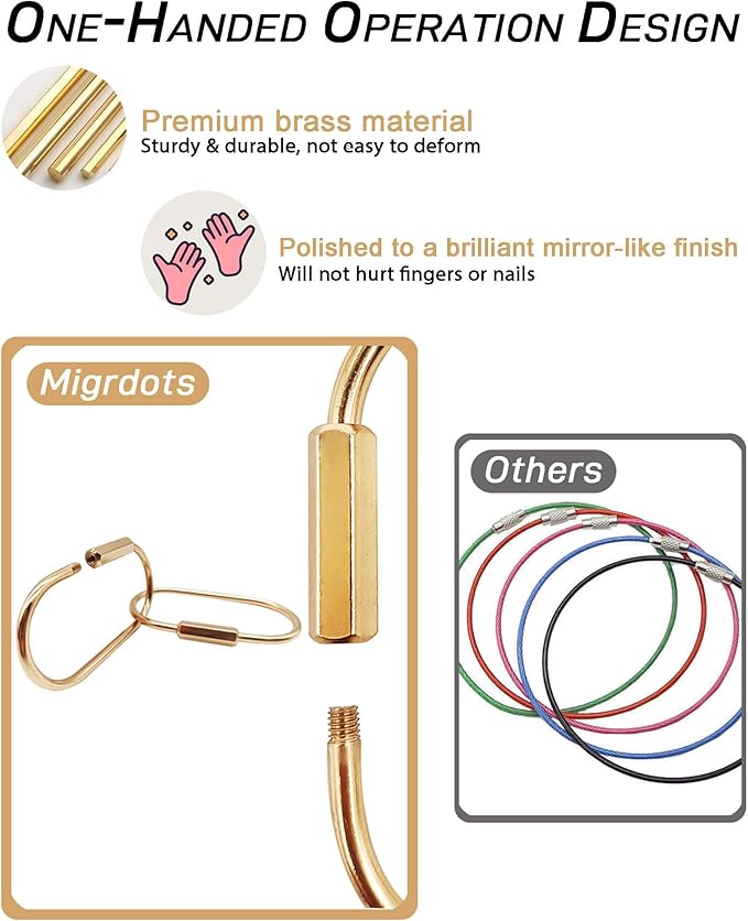 Brass Gold Carabiner Clip for Keys - Loose Leaf Binder Rings, Screw Lock Keychain and Carabiner Clip with Lock for Backpacks, Luggage Tags, Pet Collar Clips and Outdoor Accessories, 6 Packs