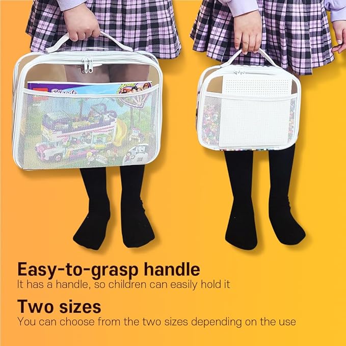 holay 4 Packs PVC Toy Storage Organizer with Zipper, Name Tag & Manual Pocket, Clear Durable Case for Blocks, Clay, Board Games, Travel (White, Small)