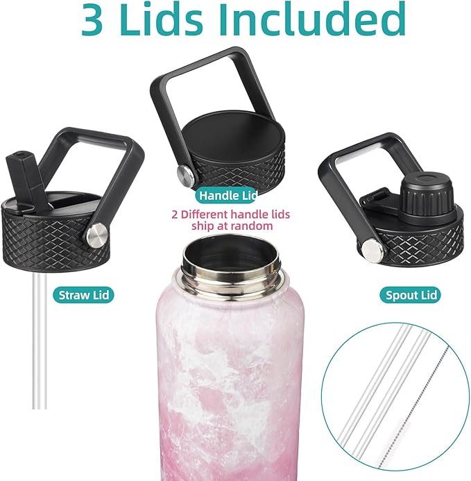 Konokyo 22oz Stainless Steel Bottles with 3 Lids Sport Insulated Water Bottle,Marble Blossom
