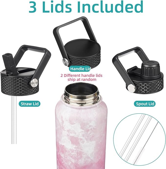 Konokyo 18 oz Insulated Water Bottle Stainless Steel Sport Bottles with 3 Lids,Marble Blossom