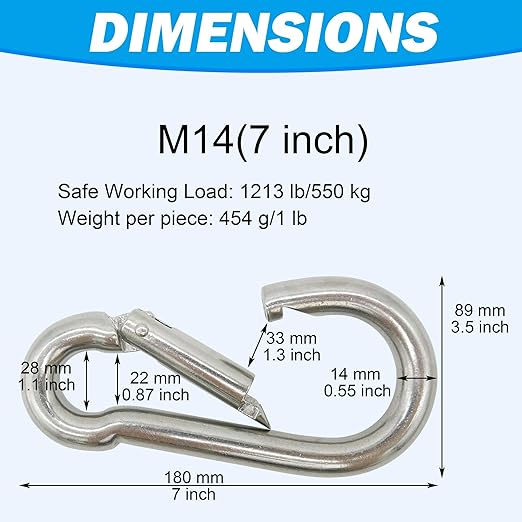 304 Stainless Steel Carabiners -7 inch Heavy Duty, Durable & Rust-Free Clips for Gym, Swing, Dog Leashes, Hammocks, Keychains, and More(304,M14,Pack of 2)