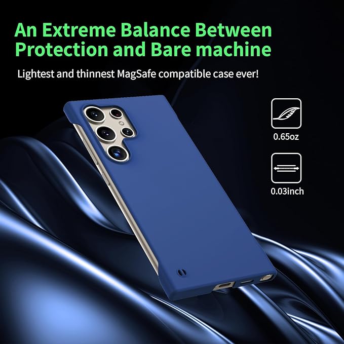 GRECAZO Slim Borderless for Samsung Galaxy S25 Ultra Phone Case 6.9"(2025) Ultra-Thin Lightweight Frameless Matte Hard PC Cover Case with Pull Ring Minimalist Non Slip Rope-Blue