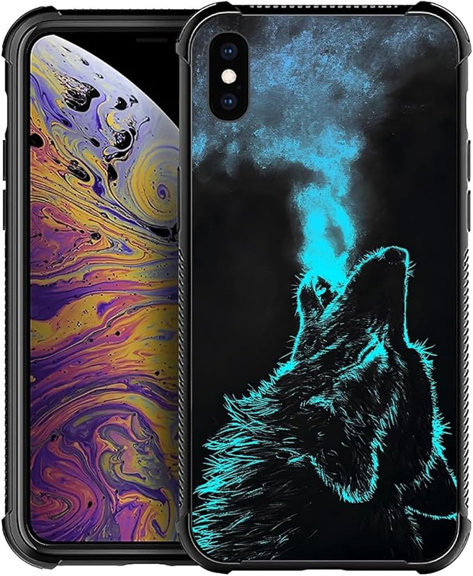 for iPhone X/Xs Case, Blue Breathing Wolf Pattern Graphic Design Girl Boy Soft Silicone Hard Acrylic Shock Protection for iPhone X/Xs