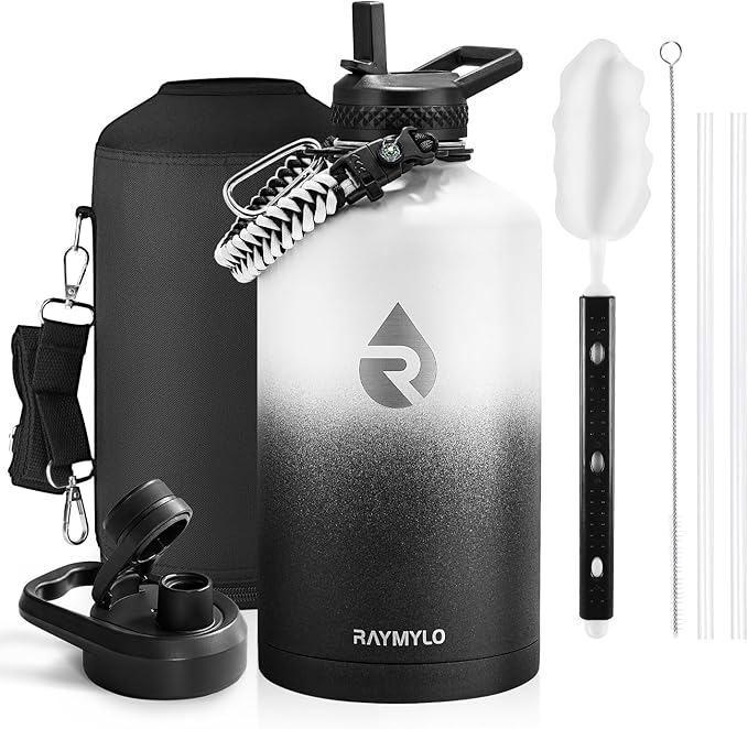 RAYMYLO One Gallon Water Bottle Insulated, Triple Walled Vacuum Stainless Steel (Cold for 48 Hrs), Leak Proof & Non-BPA, Large Water Flask Jug with Paracord Handle & Straw Spout Lids