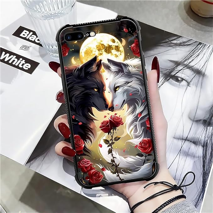 Case for iPhone 7 Plus/8 Plus, Black White Wolf Moon Flower Rose Pattern, Soft Silicone Hard Acrylic for Shock Protection