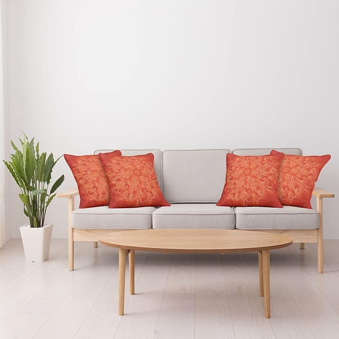 Ambesonne Red Mandala Throw Pillow Cushion Case Pack of 4, Vibrant Colored Doodle Style Nature Romantic Abstract Bouquet Art, Modern Accent Double-Sided Digital Printing, 24", Scarlet Orange