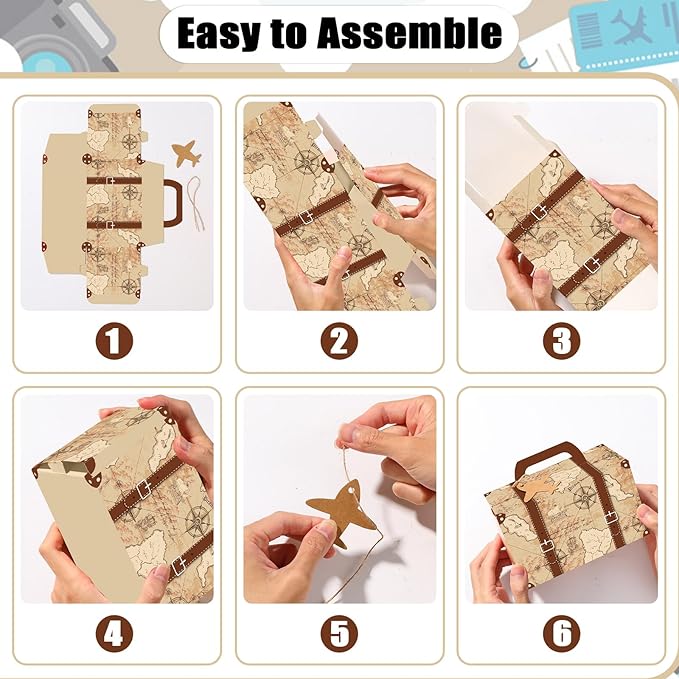 24Pcs Large Suitcase Party Favor Boxes Travel The Map Paper Treat Box with Tags Birthday Supplies Travel Theme Candy Goodie Gift Boxes for Birthday Shower Wedding Vintage Party Table Decoration