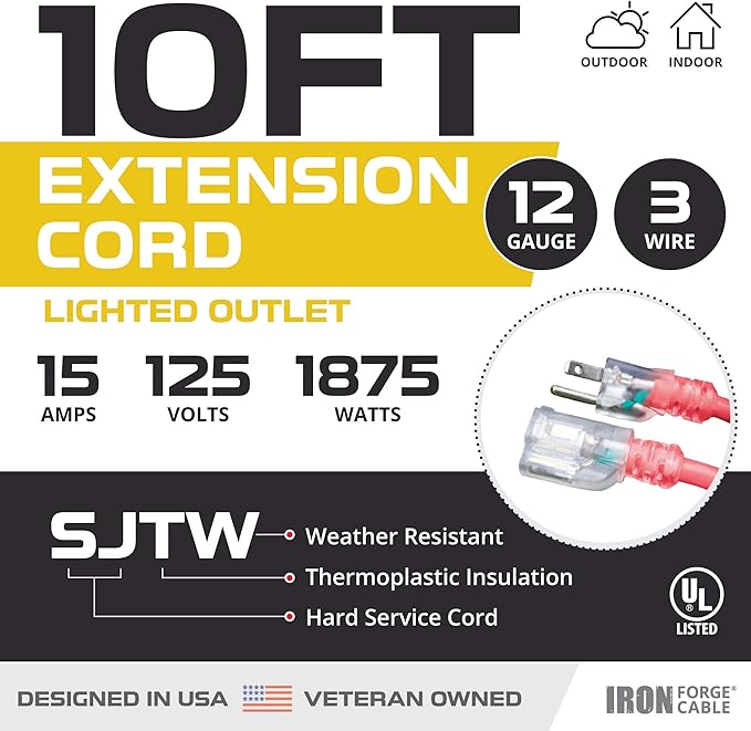 Iron Forge Cable 10 ft Lighted Outdoor Extension Cord - 12/3 SJTW Red 10 ft Extension Cord Heavy Duty with 3 Prong 15 AMP Grounded Plug for Safety