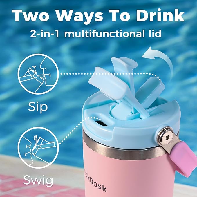 40 oz Insulated Stainless Steel Bottle with 2-in-1 Straw and Spout Lid, Water Bottle with Carry Handle Keep Cold 24H, Leak-Proof, Fits in Car Cup Holder, Travel, and School（off-White）