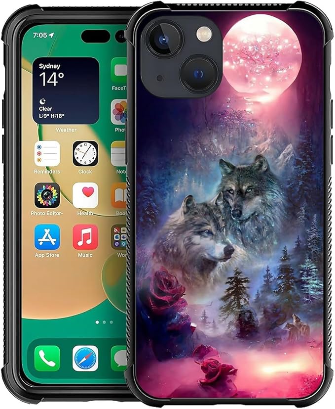 for iPhone 13 Case, Star Two Wolfs Howling Pattern Graphic Design Girl Boy Soft Silicone Hard Acrylic Shock Protection for iPhone 13