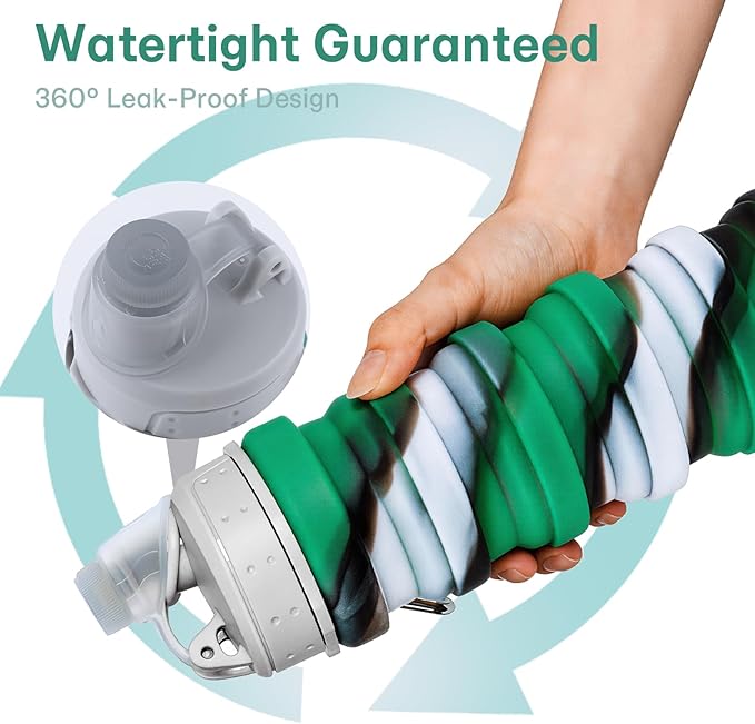 Reusable BPA Free Foldable Silicone Water Bottles for Kids, Students, Adults, Travel Camping Hiking (1pack, Green)