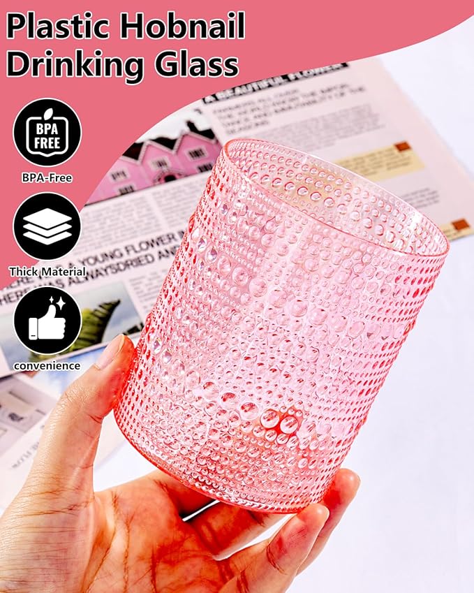 YOUBET 24PCS Plastic Drinking Glasses - 14OZ Pink Hobnail Drinkware Glasses - Vintage Glassware Textured Beaded Cups for Water, Beer, Whiskey, Juice and Various Mixed Drinks Mothers Day