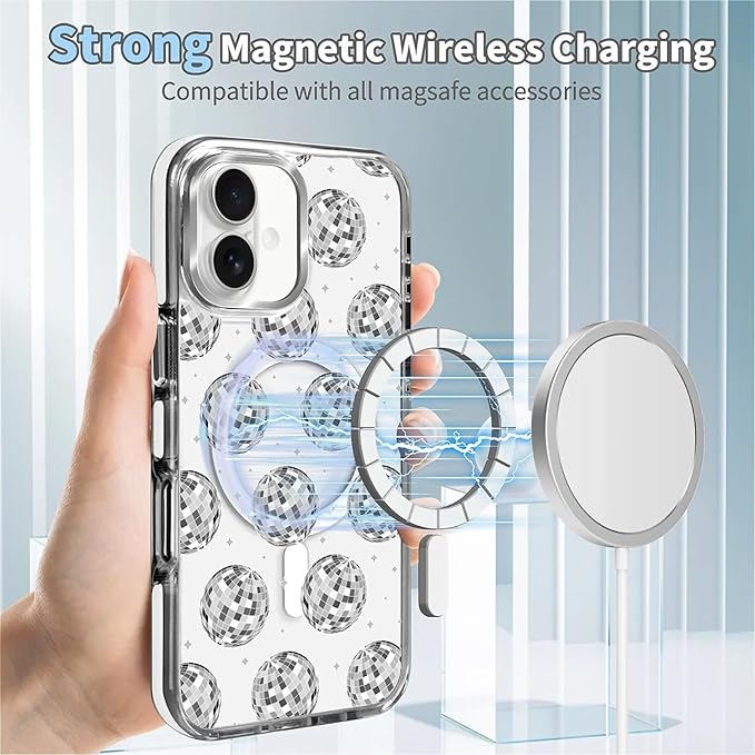 Case for iPhone 16,[Compatible with MagSafe],Disco Ball Grayish White Phone Case Design，for Women Girls Magnetic Clear Cover - Slim, Sleek, & Shockproof Protection